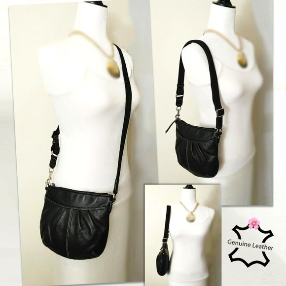 Genuine Leather Black Small Purse Shoulder Crossbody Bag Pleated White Stitched - Picture 2 of 10